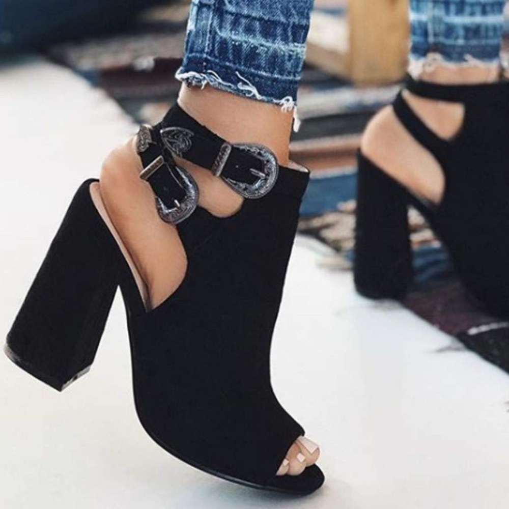 Black Faux Suede Peep Toe Block Heel Boots with buckle detailing Size 6 - Picture 15 of 15